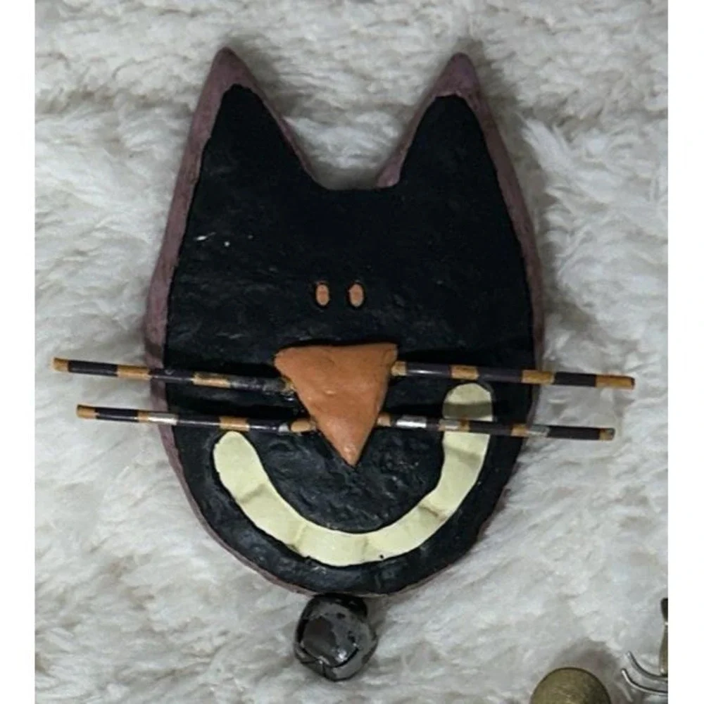 Vintage Black Cat Halloween Decorative Pin Brooch Handmade Pottery Pin